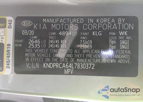 2020 Kia Sportage Sx Turbo z USA, uszkodzony, nr VIN KNDPRCA64L7830372